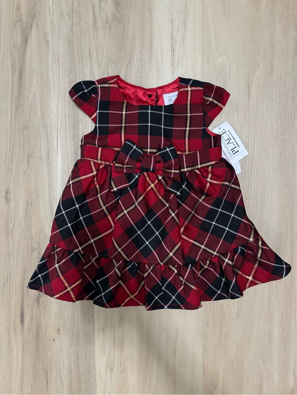 The Children's Place Red Black Plaid Bow Holiday Dress NWT